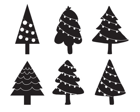 Set of christmas tree doodle handdrawn silhouette. Design for template, posterのイラスト素材