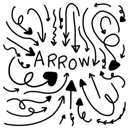 Set of arrow doodle hand drawn for element, decoration, card, greeting, direction, target. Vector illustrationのイラスト素材