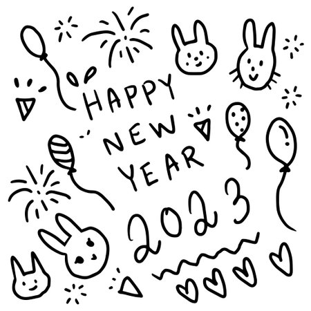 Happy new year 2023 with rabbit doodle hand-drawn. Design for card, invitation, greeting. Vector illustrationのイラスト素材