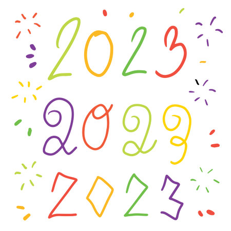 Happy new year 2023 doodle hand-drwan for celebration, card, poster, greeting. Vector illustrationのイラスト素材