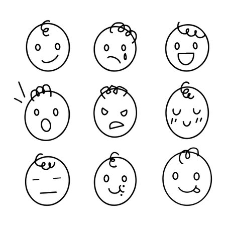 Set of circle facial expression doodle hand drawn with outline. Feeling of emotion. Sad, angry, smile, happy, shy, cry, surprisedのイラスト素材