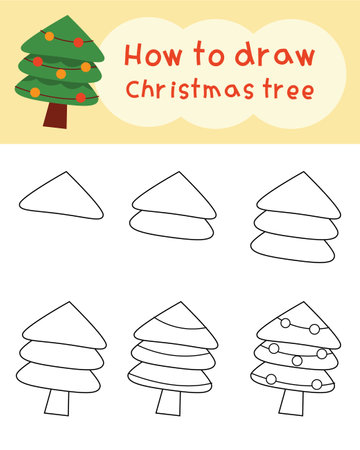 How to draw christmas tree cartoon. Easy drawing for learning, play, education, art, kidsのイラスト素材