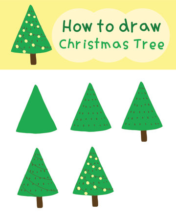 How to draw and paint christmas tree cartoon. Easy drawing for learning, play, education, art, kidsのイラスト素材