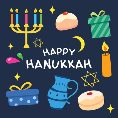 Set of Hanukkah element. Doodle cartoon hand drawn flat design for template, banner, poster, mediaのイラスト素材