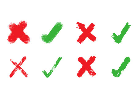 Set of green check mark and red cross handdrawn brush icon.のイラスト素材