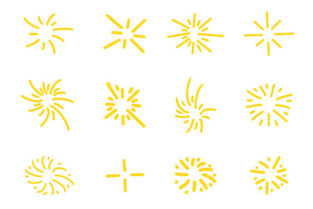 Set of hand drawn sparkle and starburst. Doodle style. Vector illustration.のイラスト素材