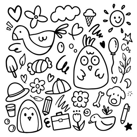 Set of doodle hand drawn. Elements of star, heart, cloud, sun, chicken, flower, spring etc.のイラスト素材