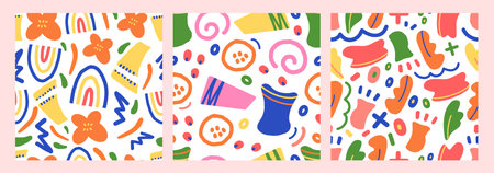 Abstract doodle handdrawn seamless pattern background, various objects and modern trendy with...