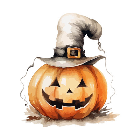 Pumpkin's wearing witch hat with watercolor for halloween, card, element, poster. Generative AIの素材