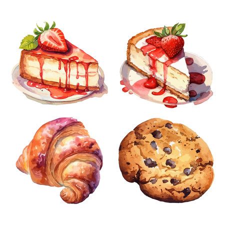 Set of cake, croissant and cookie dessert isolated on transparent background cutout. Generative AIの素材