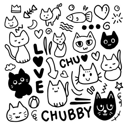 Set of doodle cute cat handdrawn for element and backgroundのイラスト素材