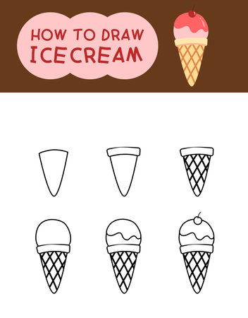 How to draw cute ice cream cartoon step by step for kid and coloring bookのイラスト素材