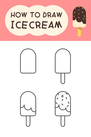 How to draw cute ice cream cartoon step by step for kid and coloring bookのイラスト素材