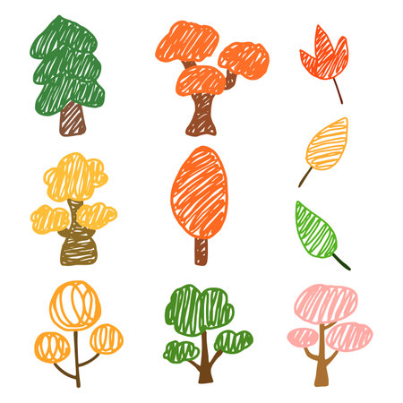 Set of cute tree doodle handdrawn. elements of natureのイラスト素材