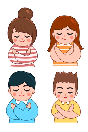 Love yourself and mental health concept. Girl and boy hugging herself or himself. Character design for cartoon, education, learning, poster and elementのイラスト素材