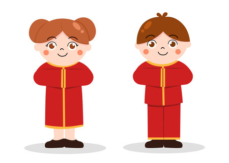 Girl and boy cartoon wearing Chinese outfit for illustration. Happy Chinese New Yearのイラスト素材