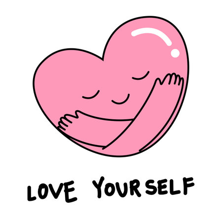Love yourself concept for illustartion and quote. Heart cartoon embracing. Self hugのイラスト素材