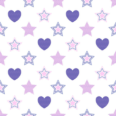 Pink and purple heart and star graphic seamless pattern background for wrapping and wallpaperのイラスト素材