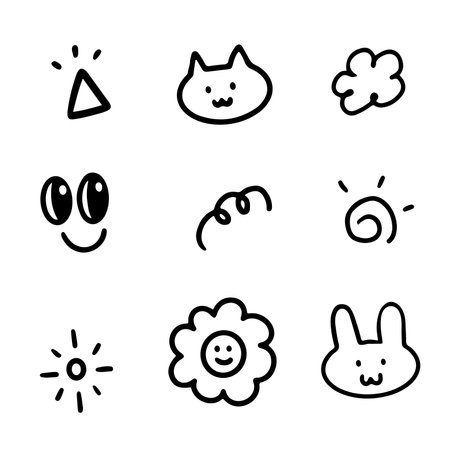 Doodle hand drawn. Element of animal, star, sparkle, heart and music. Cute stuff for illustration. Black and white outlineのイラスト素材