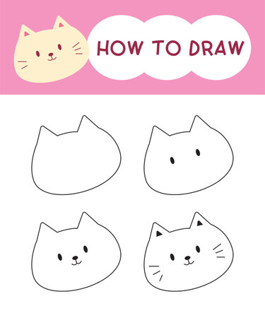How to draw cat face cartoon step by step for learning, kid, education and coloring book. Vector illustrationのイラスト素材