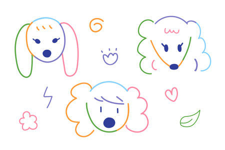 Cute dogs face animal hand drawn doodle with colorful line for element illustration pet clinic and kidのイラスト素材