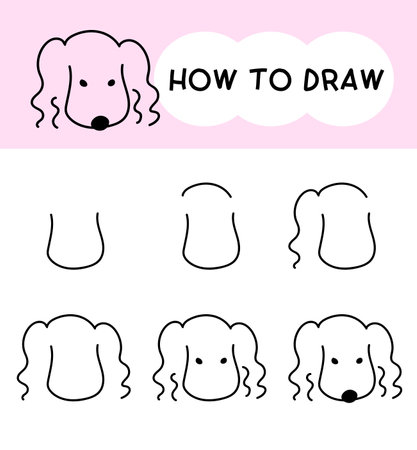 How to draw dog face cartoon step by step for learning, kid, education and coloring book. Vector illustrationのイラスト素材