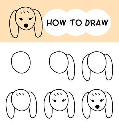 How to draw dog face cartoon step by step for learning, kid, education and coloring book. Vector illustrationのイラスト素材