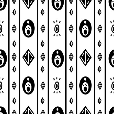 Ethnic traditional symbols with black and white. hand drawn doodle style seamless pattern background. geometric shapes for wrapping, wallpaper, print and clothingのイラスト素材