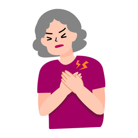 Elder or old woman holding heart from pain. hurt heart attack. health and medical concept for illustrationのイラスト素材