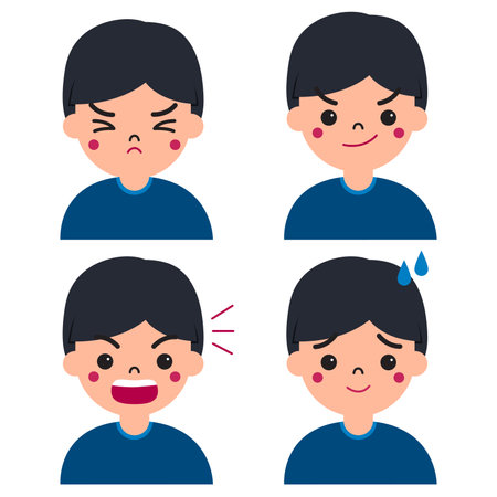 Little boy or kid facial expression character. Happiness, anger, smile, shock, fear, joy for illustration and educationのイラスト素材