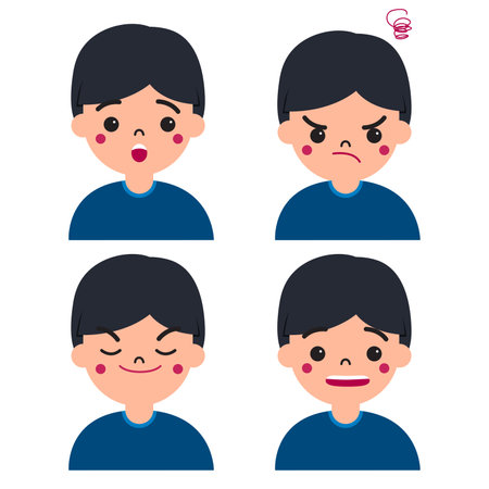 Little boy or kid facial expression character. Happiness, anger, smile, shock, fear, joy for illustration and educationのイラスト素材