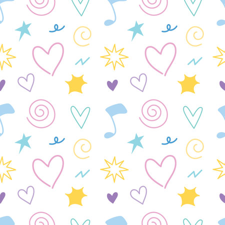 Doodle hand drawn colorful seamless pattern background for wrapping and wallpaper. Element of heart, sparkle and musicのイラスト素材