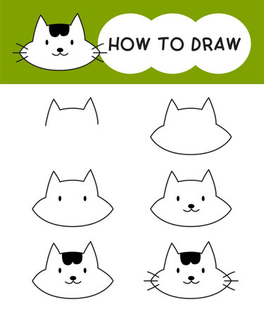 How to draw cat face cartoon step by step for learning, kid, education and coloring book. Vector illustrationのイラスト素材