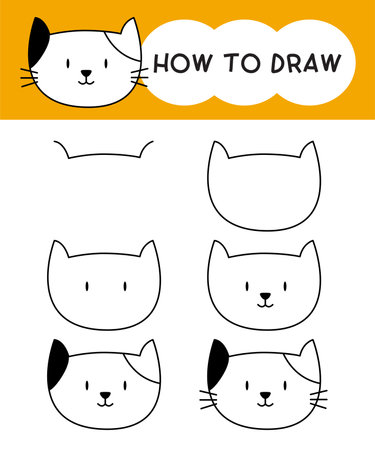 How to draw cat face cartoon step by step for learning, kid, education and coloring book. Vector illustrationのイラスト素材
