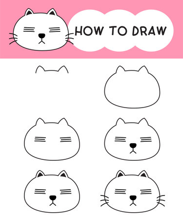 How to draw cat face cartoon step by step for learning, kid, education and coloring book. Vector illustrationのイラスト素材
