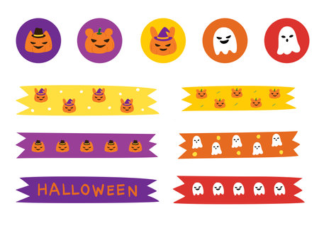 Halloween cartoon sticker or tape for Stationery, daily planner stickers, notebook, element. pumpkin and ghostのイラスト素材