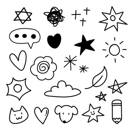 Doodle hand drawn cartoon. Element of star, sparkle, flower, sun and heart for illustrationのイラスト素材