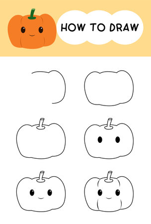 How to draw pumpkin cartoon step by step for learning, kid, education and coloring book. Vector illustration. Halloween festivalのイラスト素材