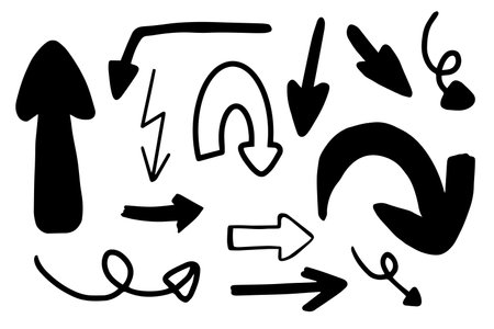 Different arrows handdrawn for direction, element and icon. Black and whiteのイラスト素材