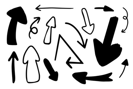 Different arrows handdrawn for direction, element and icon. Black and whiteのイラスト素材