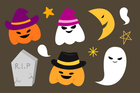 Halloween festival. element of pumpkin ghost tomb moon and star cartoon for kid celebration and illustrationのイラスト素材