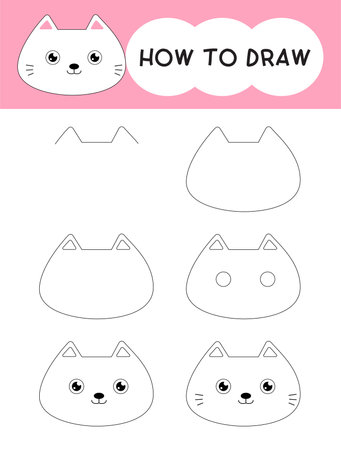 How to draw cat face cartoon step by step for learning, kid, education and coloring book. Vector illustrationのイラスト素材