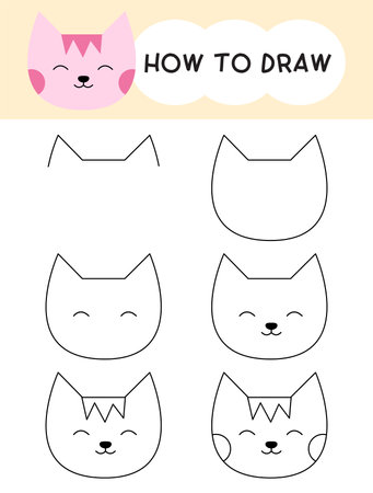 How to draw cat face cartoon step by step for learning, kid, education and coloring book. Vector illustrationのイラスト素材