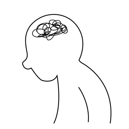 Depressed, messy thoughts, worried, mental health, problems, stress, headache, failure, fear, bad attitude with black lineのイラスト素材