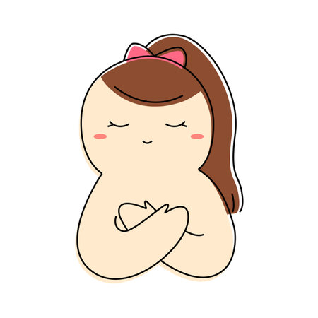 Hug yourself cartoon. Girl or woman hugging herself. Love yourself concept for mental health, sadness and depressionのイラスト素材