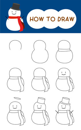How to draw snowman cartoon step by step for learning, kid, education and coloring book. Vector illustrationのイラスト素材