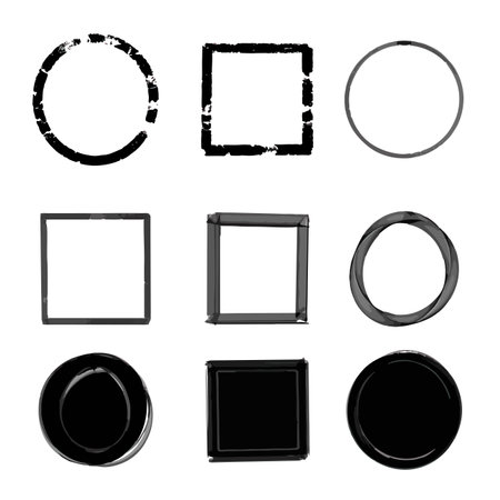 Various frame hand drawn with black brush for element and illustration. Different shape circle rectangle squareのイラスト素材