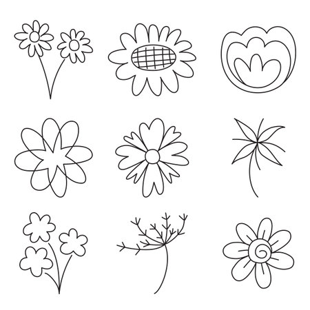 Abstract doodle flowers hand drawn various shape for element, nature and illustrationのイラスト素材