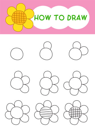 How to draw flower or flora cartoon step by step for learning, kid, education and coloring book. Vector illustrationのイラスト素材