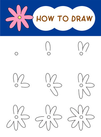 How to draw flower or flora cartoon step by step for learning, kid, education and coloring book. Vector illustrationのイラスト素材